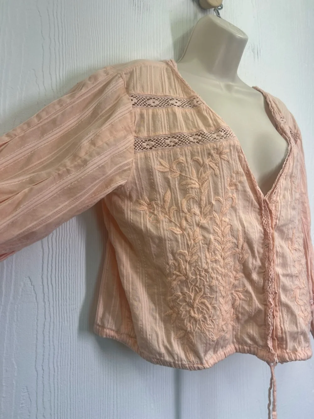 Free People - Follow Your Heart Peach Embroidered Lace Button Down Blouse SZ LG